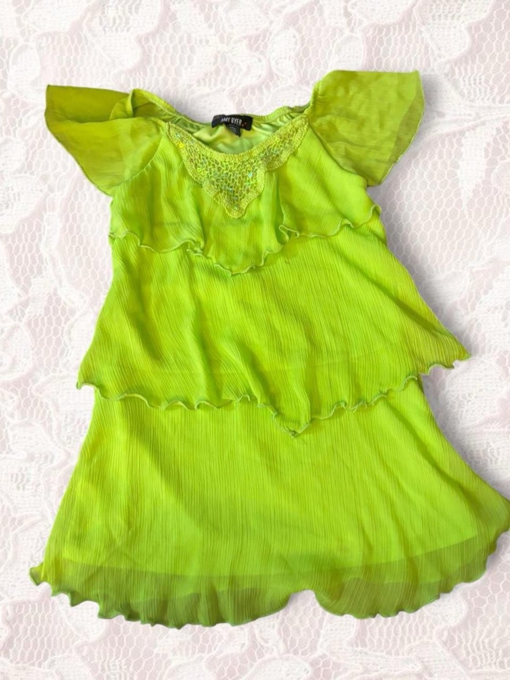 Amy Byer Lime Green Ruffled Flutter Sleeve Blouse